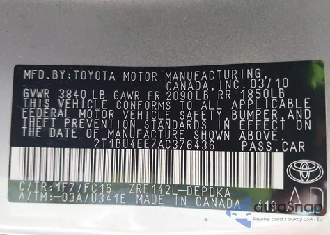 2010 Toyota Corolla Le z USA, uszkodzony, nr VIN 2T1BU4EE7AC376436